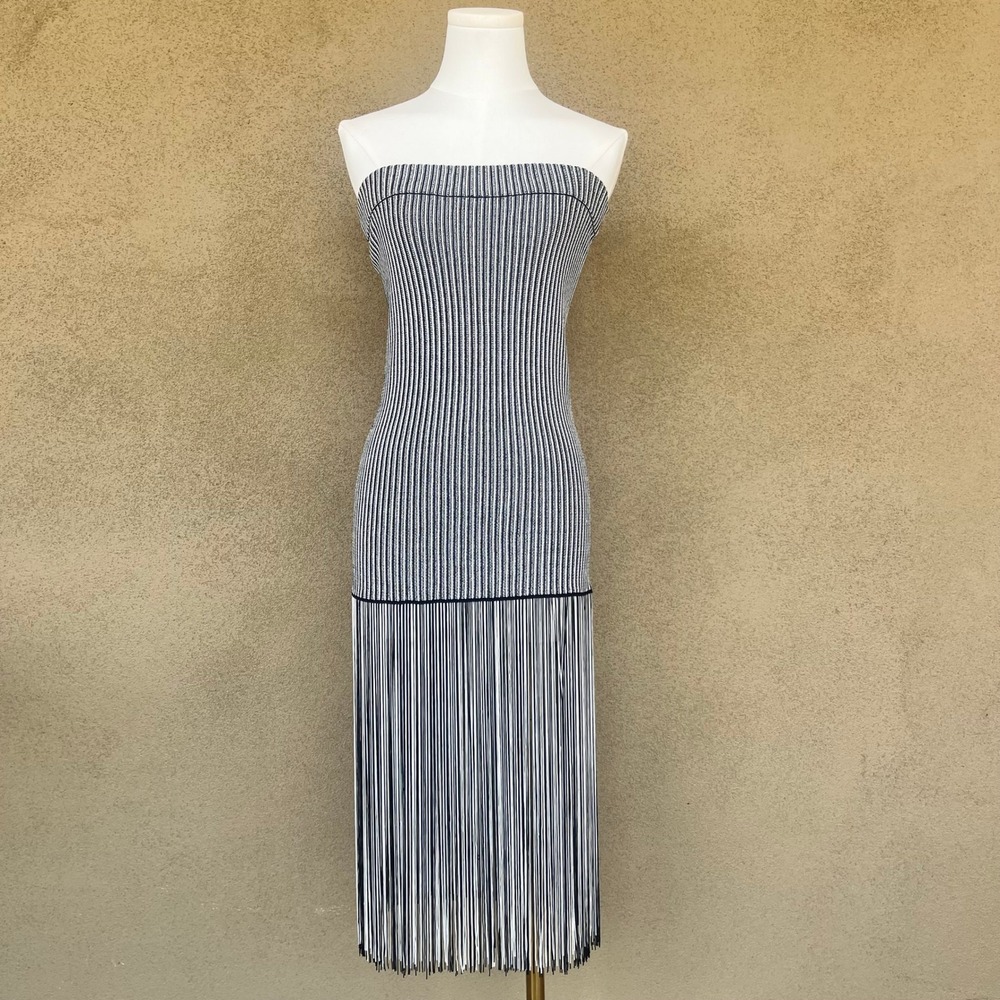 Zara Womens Black White Striped Strapless Fringe Knit Midi Dress Flapper Sz L